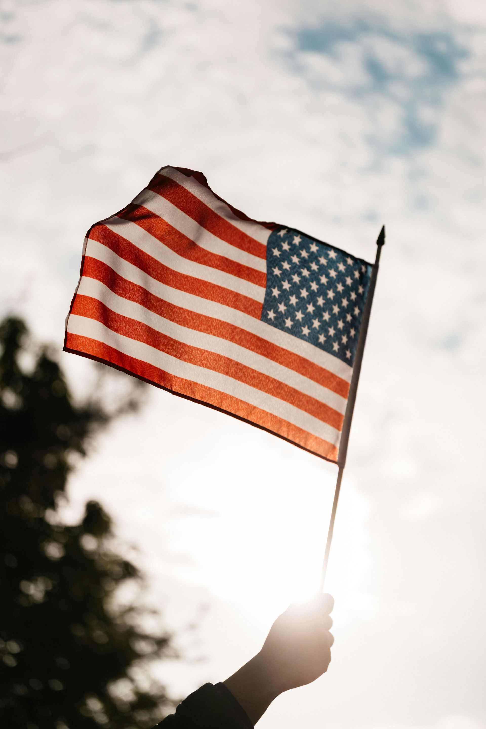 A person is holding an american flag in their hand.