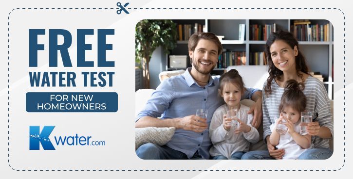 Family of four smiling, holding glasses of water; offer for a free water test.