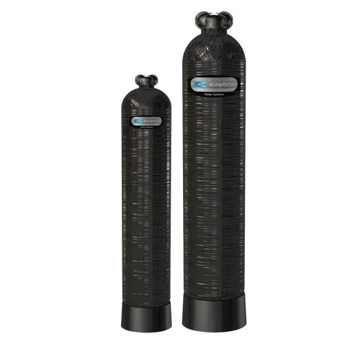 Two cylindrical water filtration systems, black, differing heights.