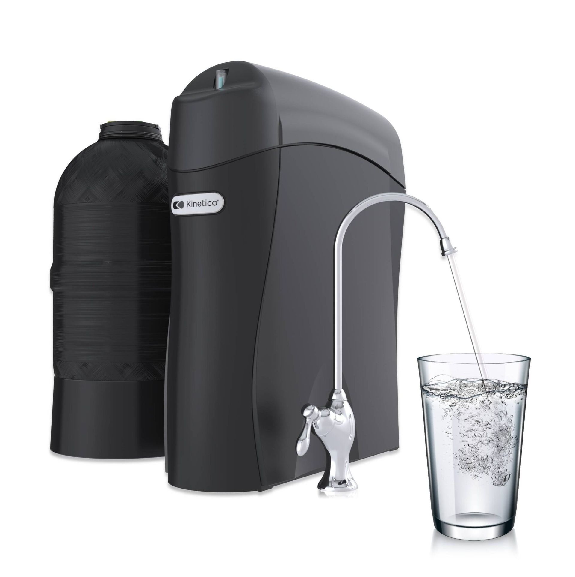 Black water filter system dispensing water into a glass; includes a storage tank.