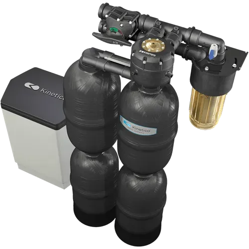 Water softener and filter system with tanks, a salt tank, and filtration components.