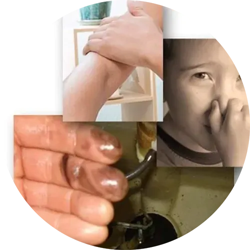 A hand with dark stains, a child wiping tears, and a person holding their knee.