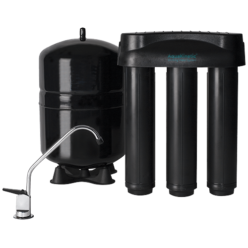 A black water filtration system with a tank, faucet, and filter cartridges.
