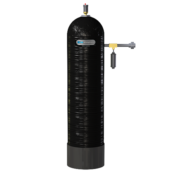 Tall black water filtration tank with a silver valve and pressure gauge.