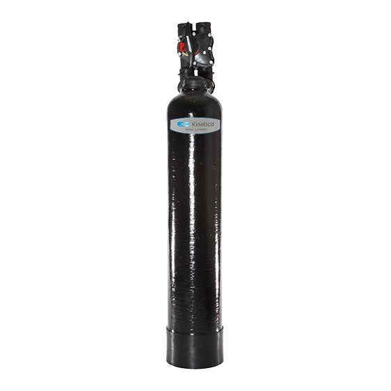 Black water softener tank with control head, likely for home water filtration.