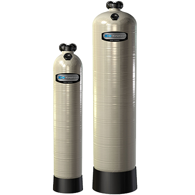 Two beige water filtration tanks, one taller than the other, on a white background.