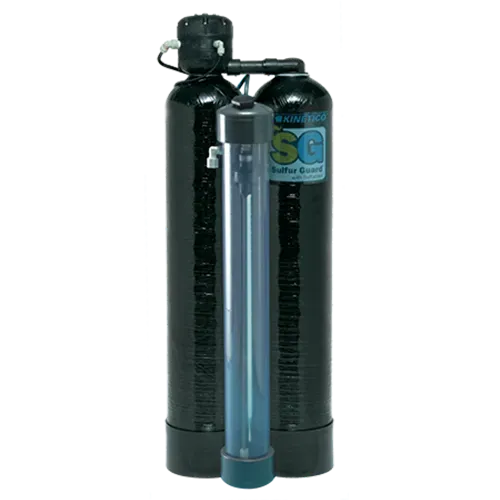 Water filter system with two black tanks and a clear UV filter.