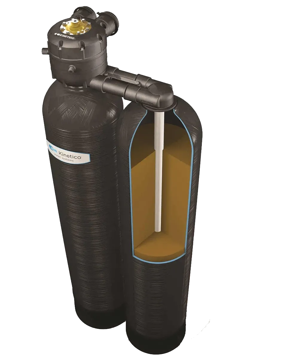 Water softener system: Black tanks with a cutaway showing brown resin and a central tube.