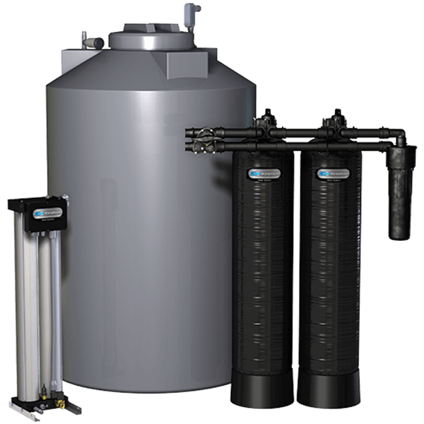 A water filtration system with a large gray tank and several black filter cylinders.