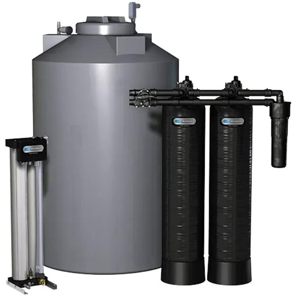 Water filtration system: large gray tank, black cylindrical filters, and smaller silver pre-filter.