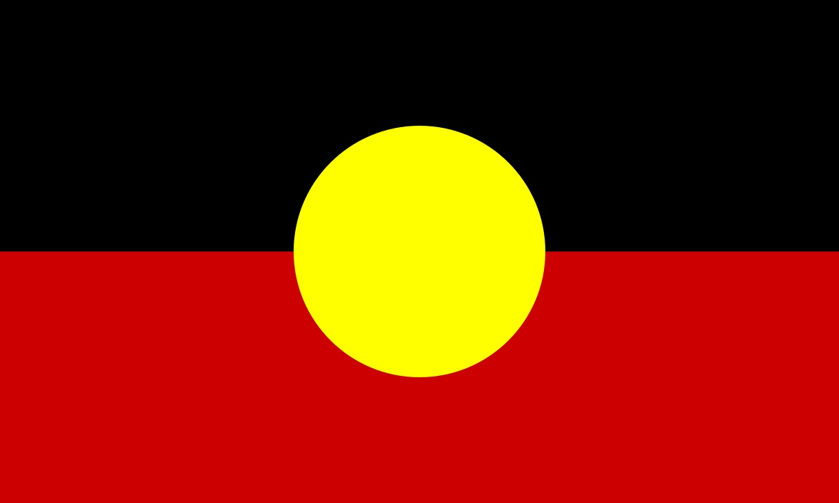 Australian Aboriginal flag: Black top, red bottom, yellow circle in the center.