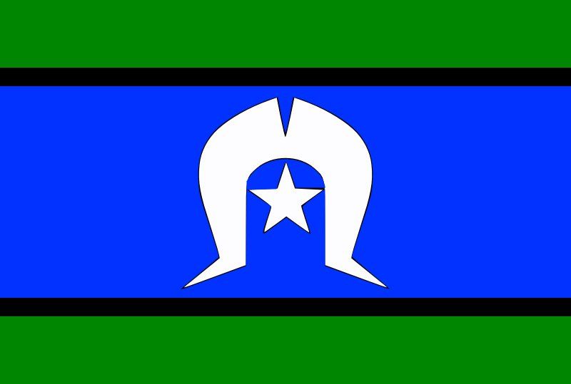 Flag of the Torres Strait Islanders: blue central band with white emblem and star; green and black bands.