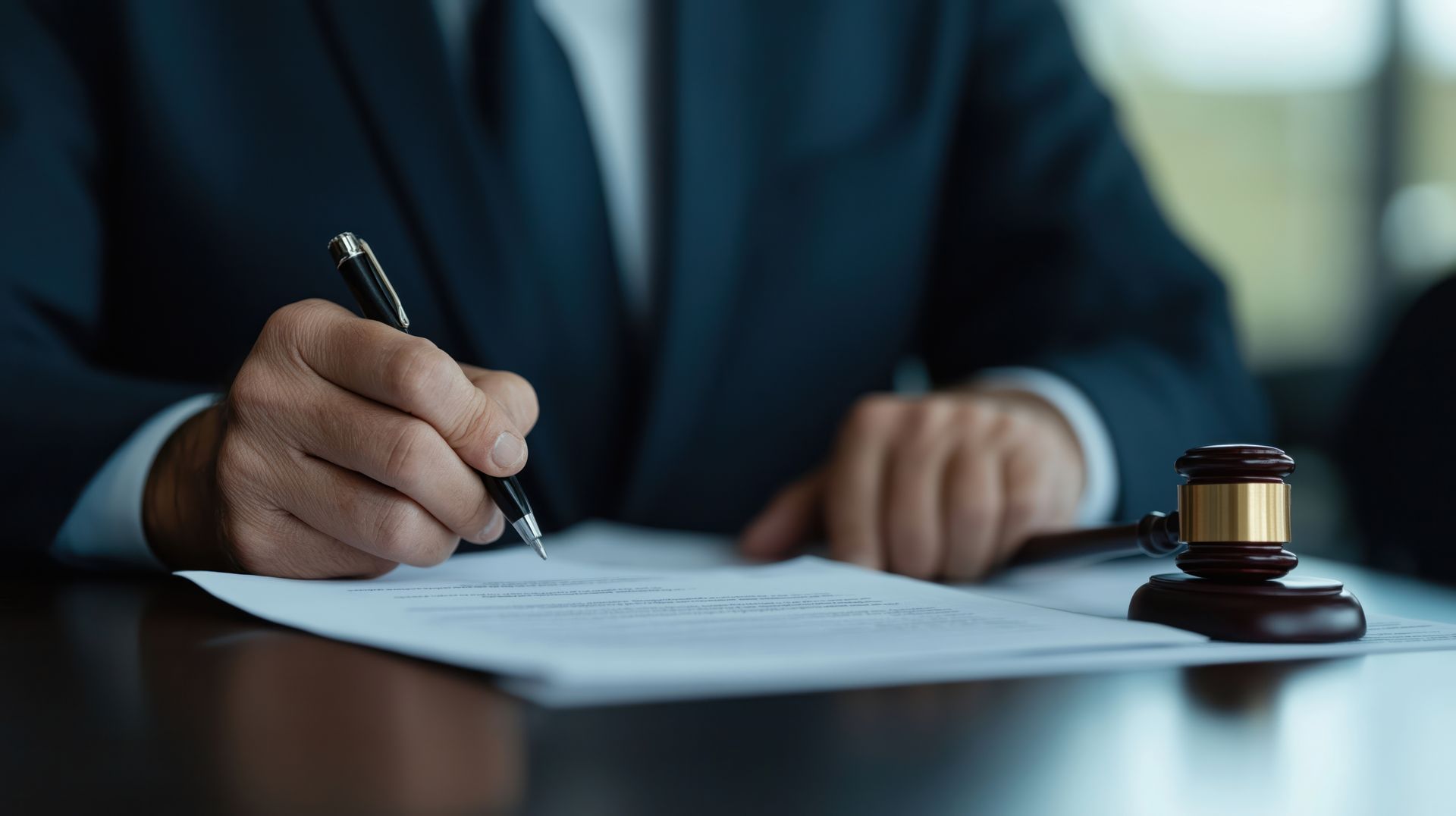 Professional personal injury lawyer signing legal settlement documents with a judge's gavel.