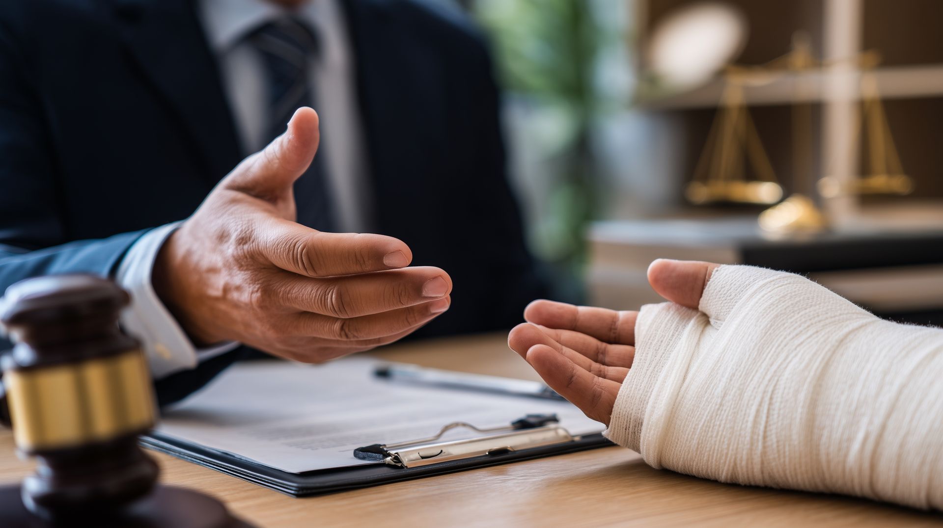 Client with bandaged hand consulting a personal injury lawyer about a legal settlement.