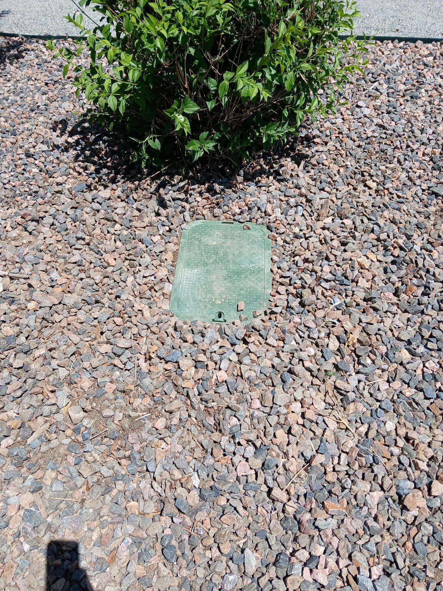 Green glass shape on a bed of small, reddish-brown rocks, with green bush in background.