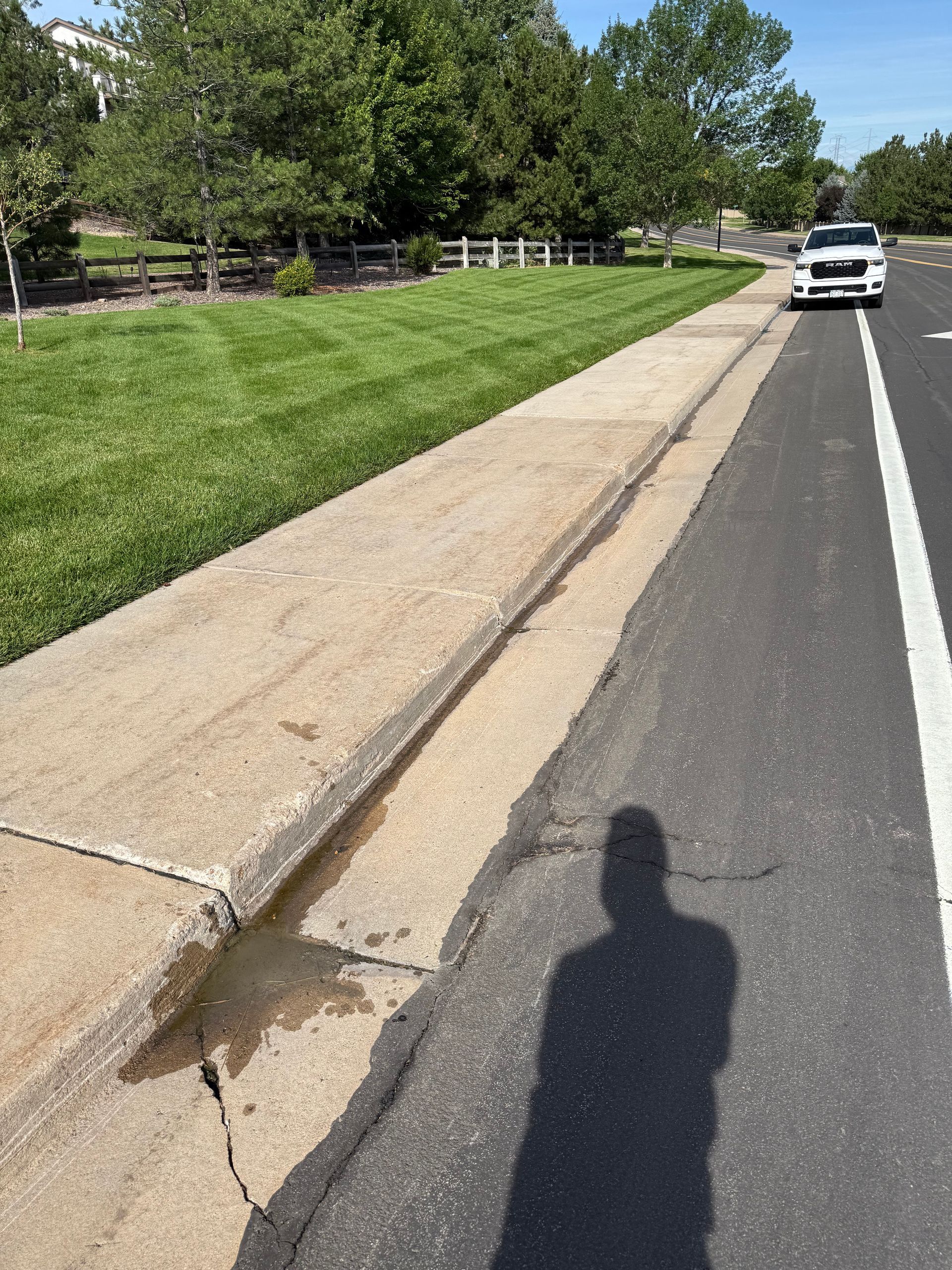 Picture from a sidewalk curb of a well cared for lawn