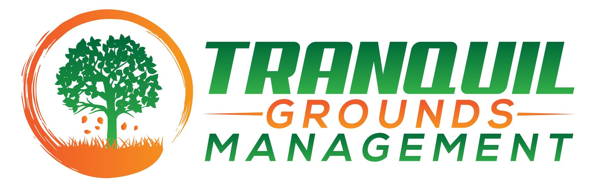Logo for Tranquil Grounds Management: Tree within orange circle, green and orange text.