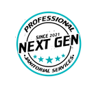 Logo for Next Gen Janitorial Services; blue and black circle with text: "PROFESSIONAL," "SINCE 2021," "NEXT GEN," and "JANITORIAL SERVICES." Five stars.