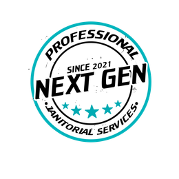 Logo for Next Gen Janitorial Services; blue and black circle with text: "PROFESSIONAL," "SINCE 2021," "NEXT GEN," and "JANITORIAL SERVICES." Five stars.
