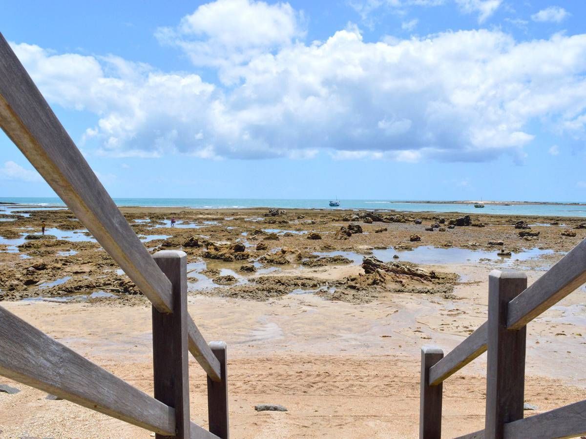 Uma vista de uma praia de uma cerca de madeira