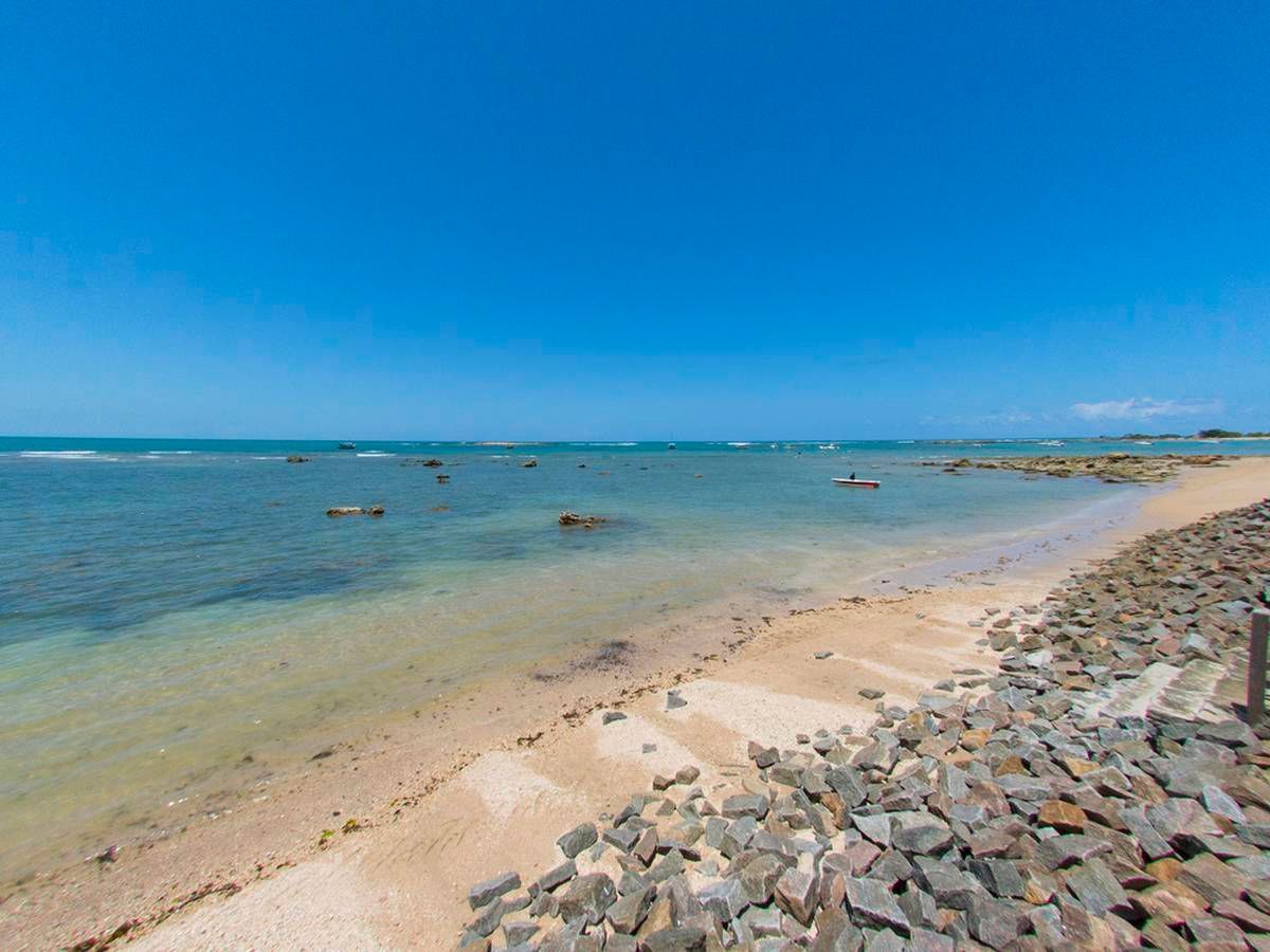 Uma praia com muitas pedras e um céu azul ao fundo.