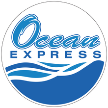 A blue and white logo for ocean express