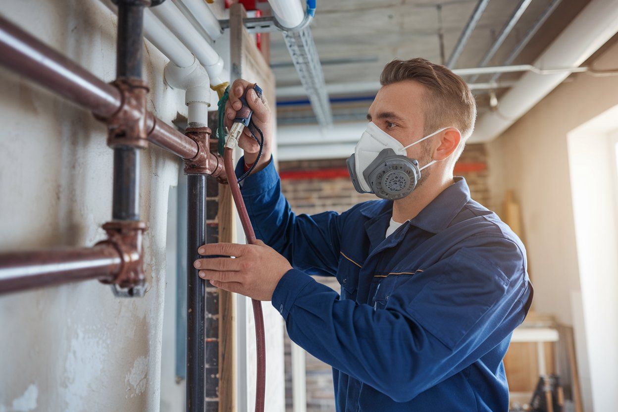 Plumber in blue uniform and respirator mask working on copper pipes against a wall.