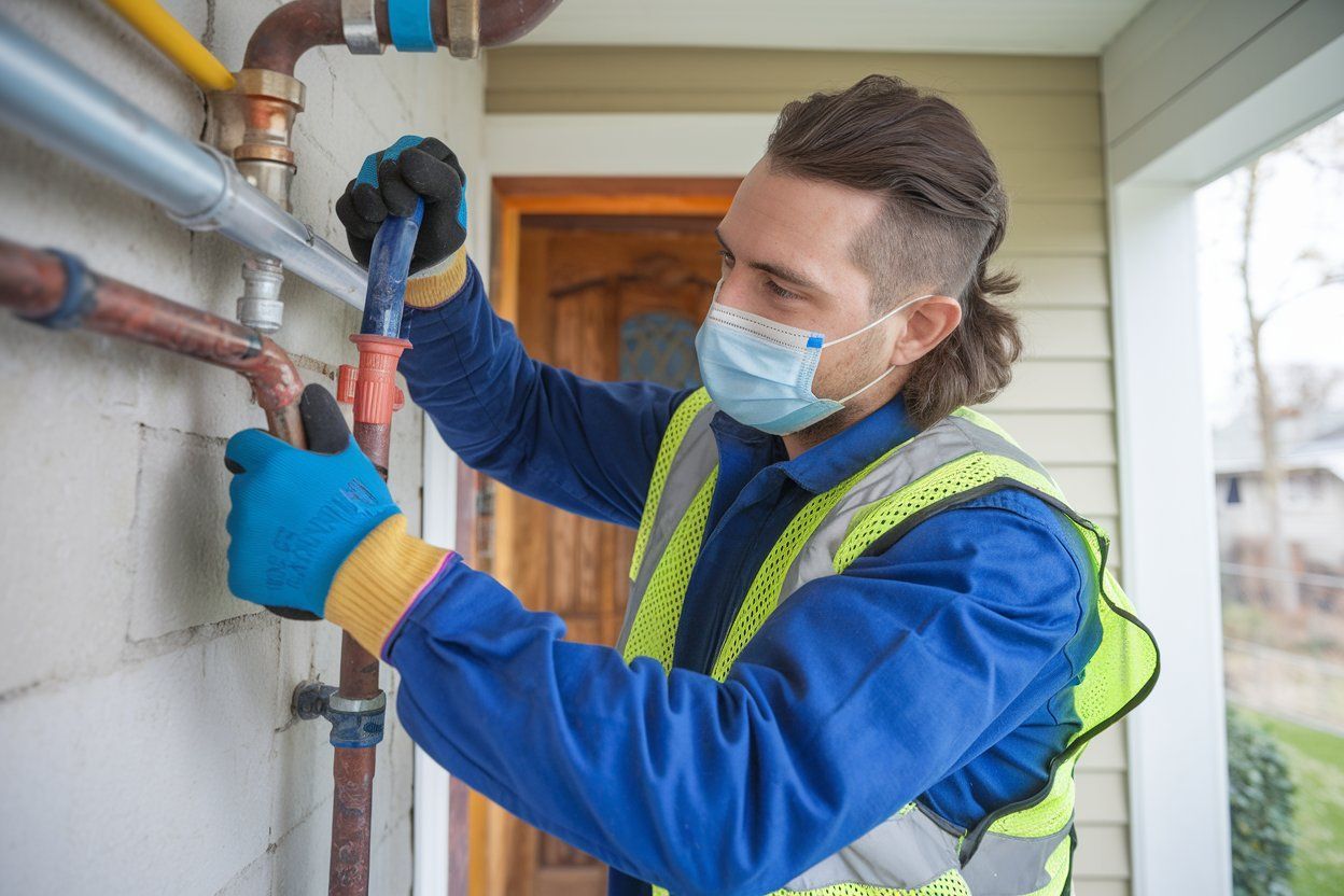 Plumber in blue workwear, face mask, and gloves repairs copper pipes on a building exterior.