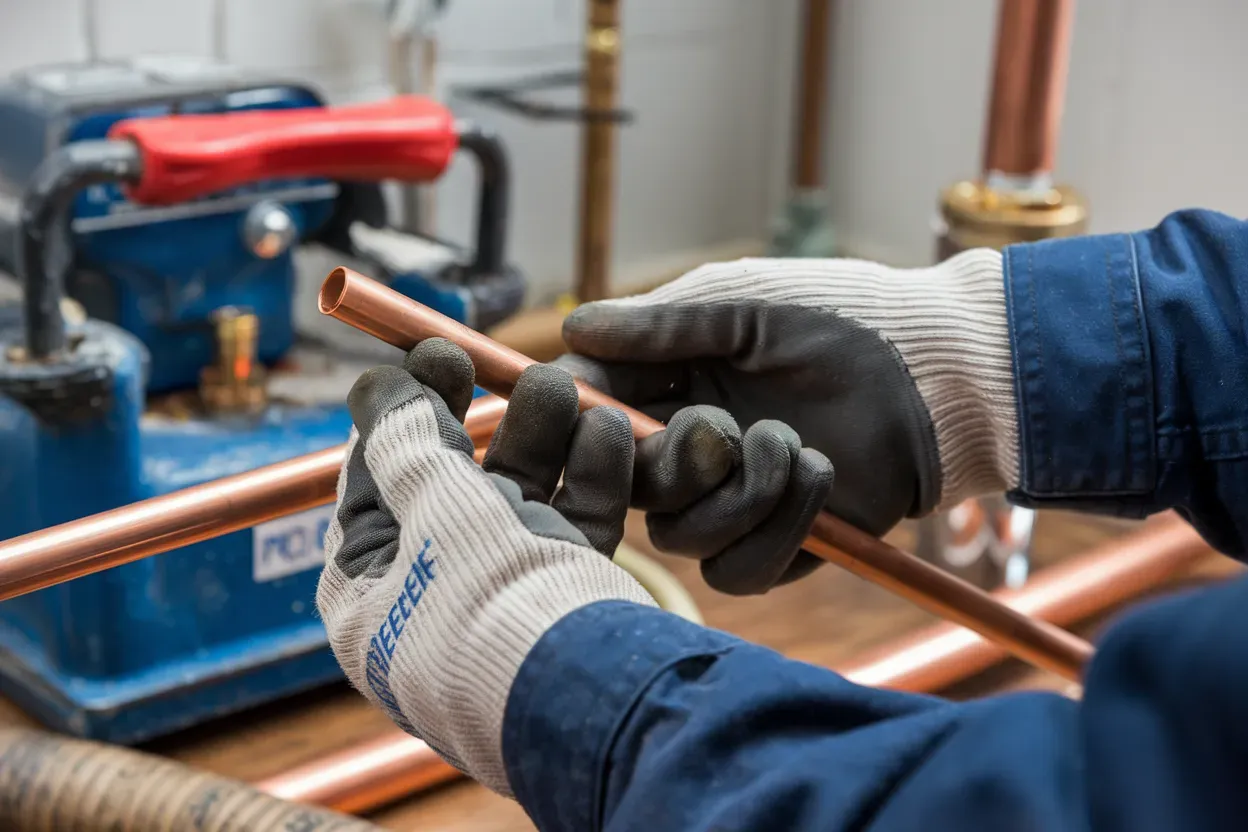 Person wearing gloves holding copper pipe, working on plumbing. Blue background and copper pipes in focus.