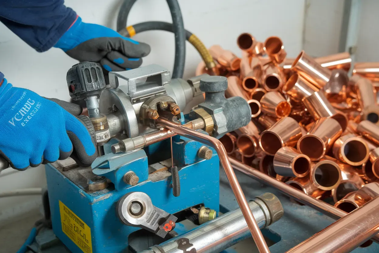 Person in blue gloves using a copper pipe press, surrounded by copper fittings.