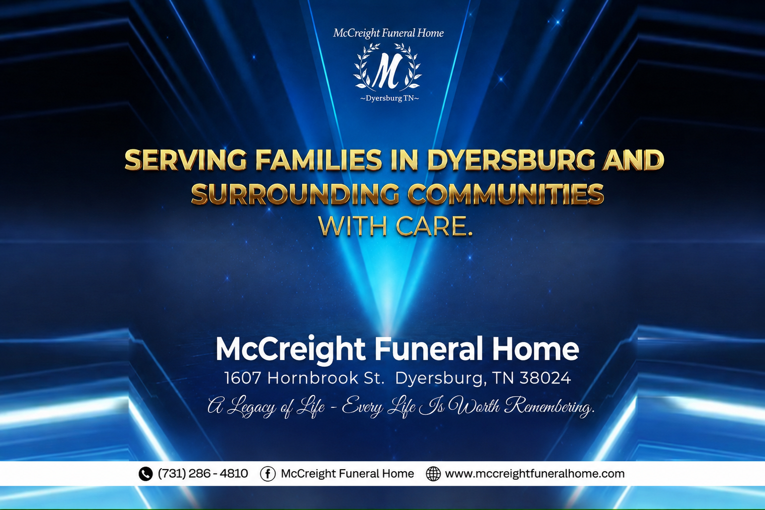McCreight Funeral Home staff portrait with blue background and “Serving Families in Dyersburg” message