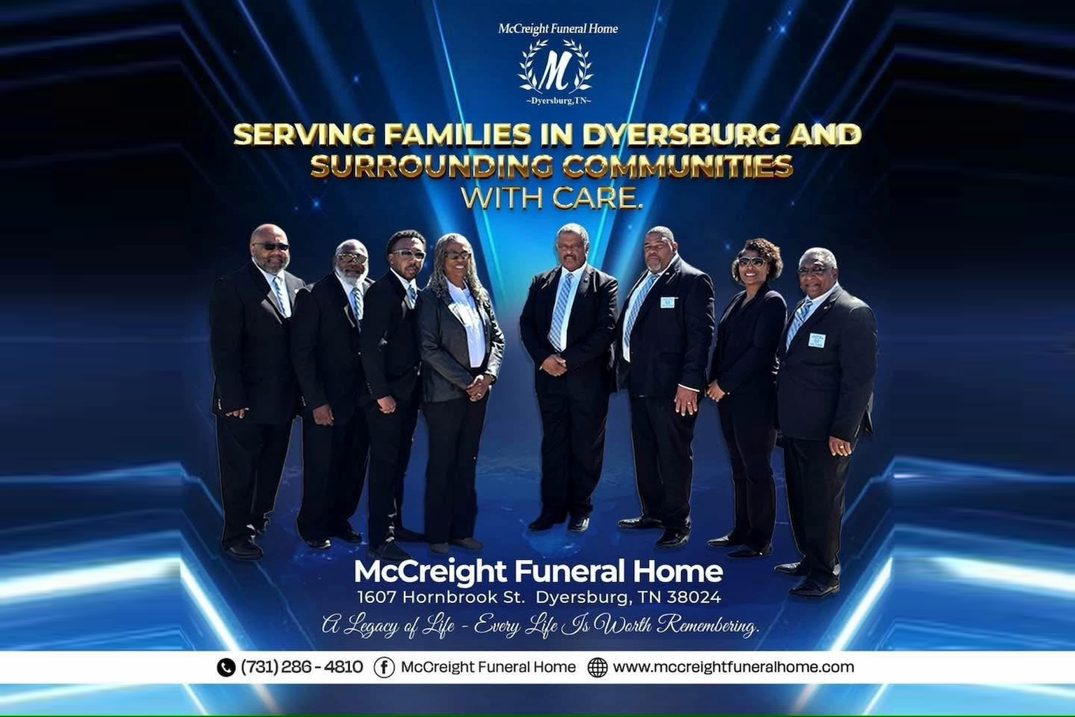McCreight Funeral Home staff portrait with blue background and “Serving Families in Dyersburg” message