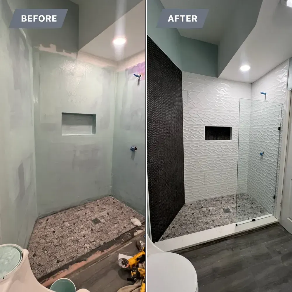 A before and after photo of a bathroom with a walk in shower.