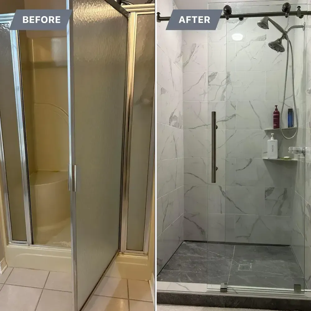 A before and after picture of a shower with a sliding glass door