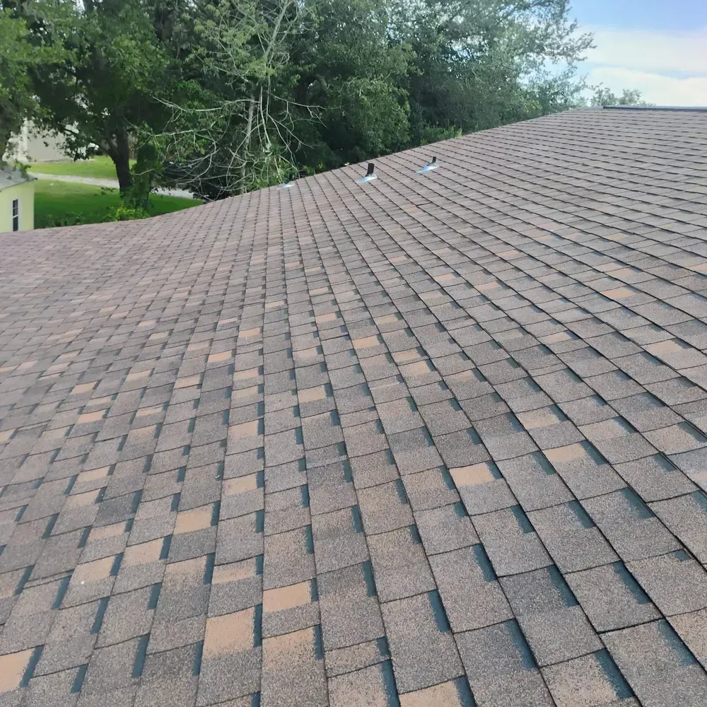 A roof with a lot of shingles and trees in the background