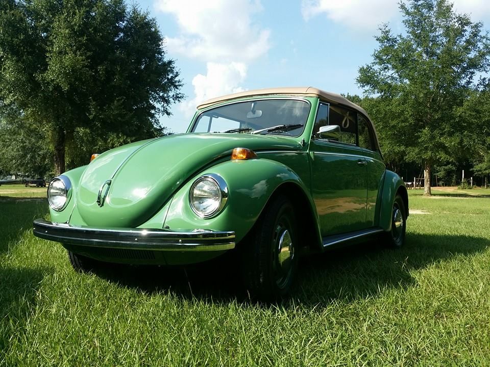 A green beetle is parked in the grass with trees in the background