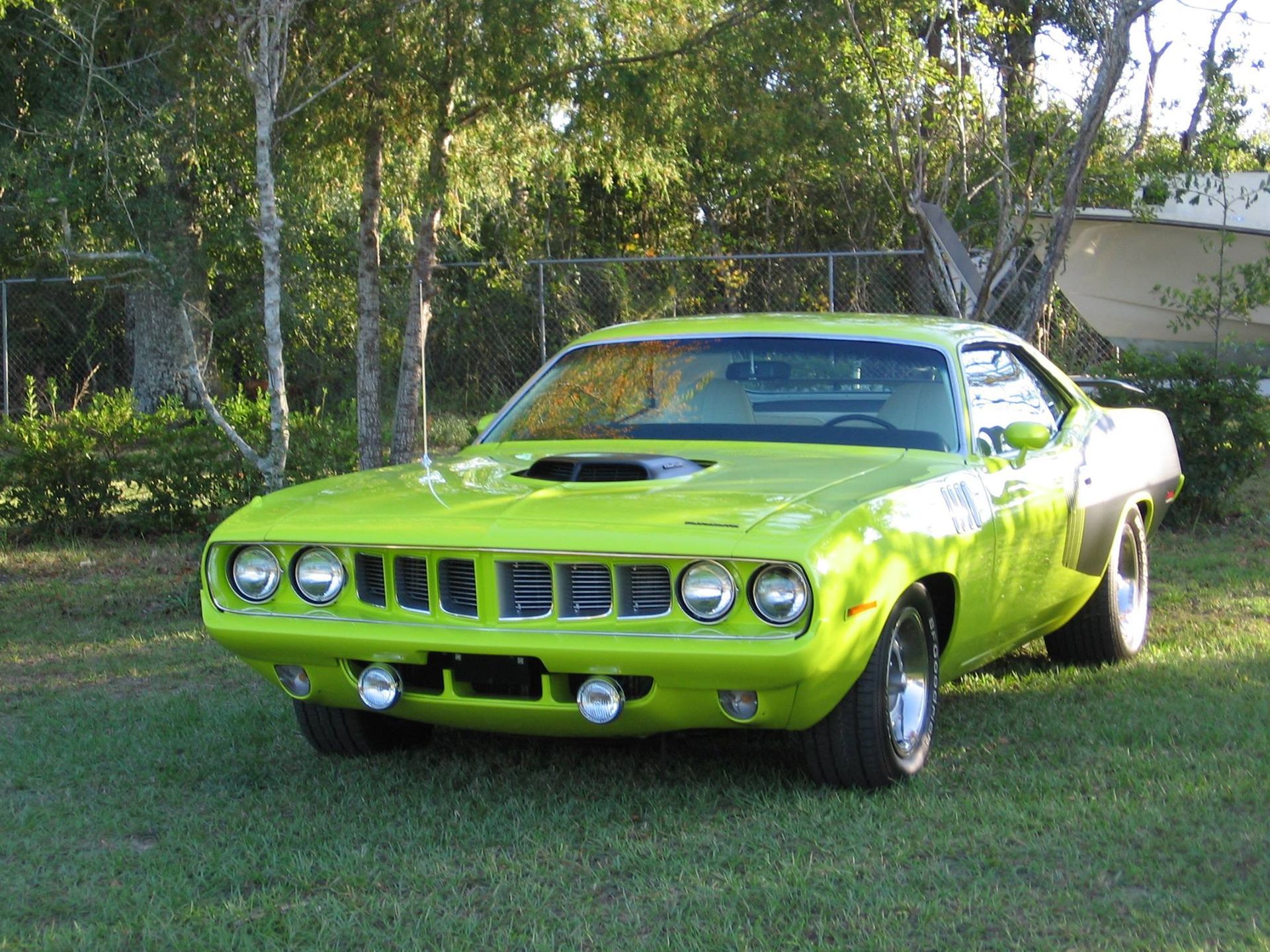 A bright green muscle car is parked in the grass