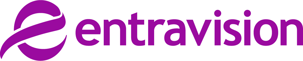 The logo for entravision is purple and white on a white background.