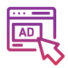 A purple icon of a website with an ad and an arrow pointing to it.