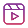 A purple and pink icon of a clapper board with a play button.