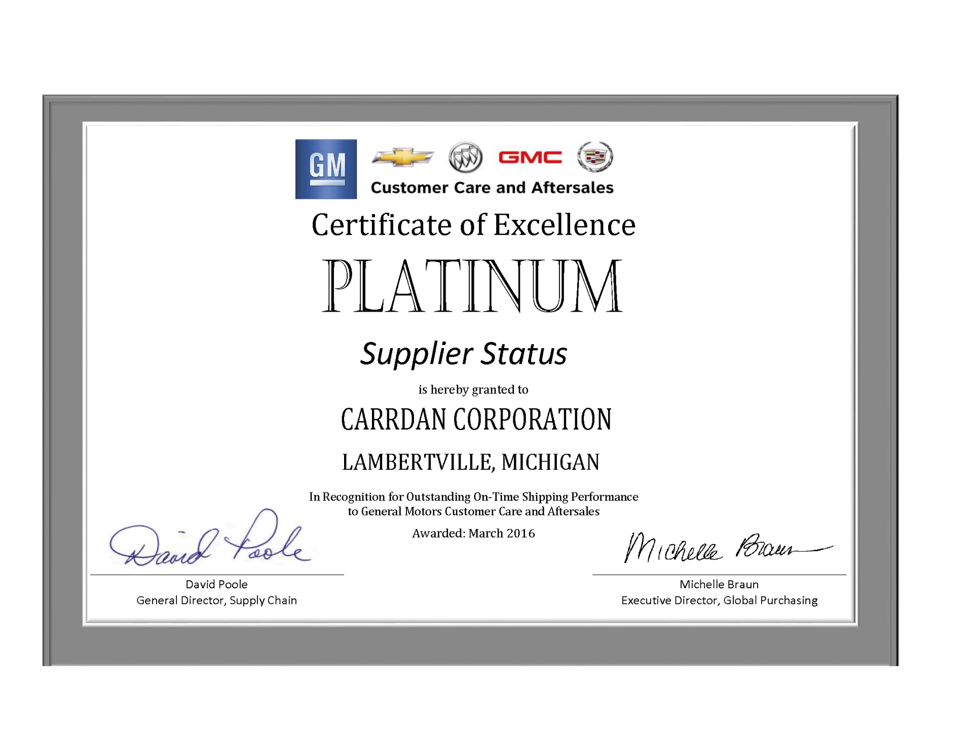 2015 Certificate of Excellence - Carrdan Corporation