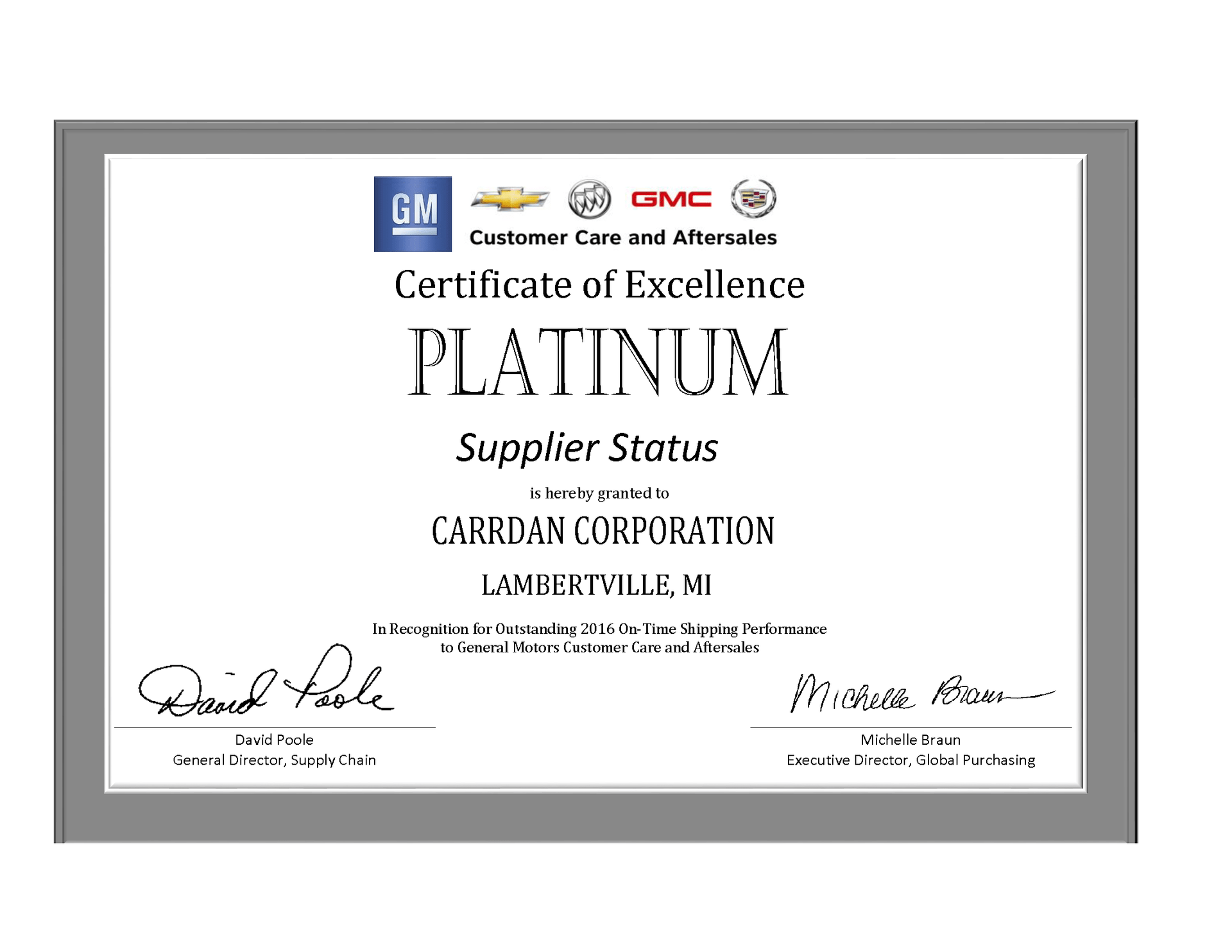 2016 Certificate of Excellence - Carrdan Corporation