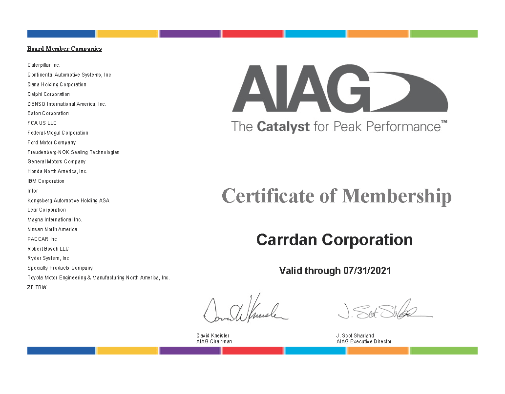 AIAG Certificate of Membership - Carrdan Corporation