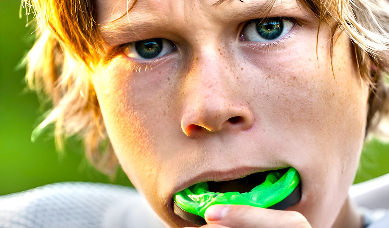 A Young Boy Is Wearing A Green Mouth Guard — Dr Patrick Meaney In Moss Vale, NSW