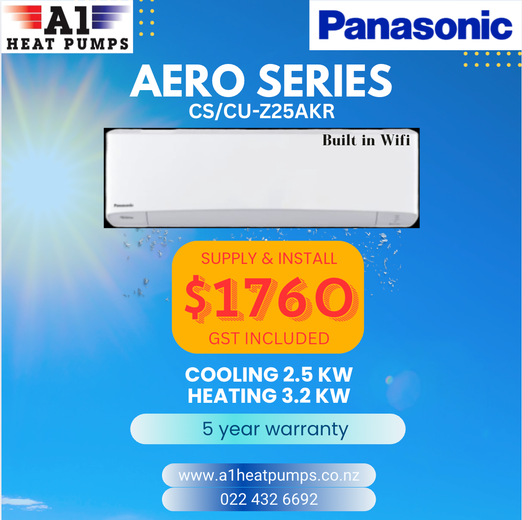 Advertisement for a Panasonic Aero Series heat pump, including supply and install for $1760. Features cooling and heating specifications, and a 5-year warranty.