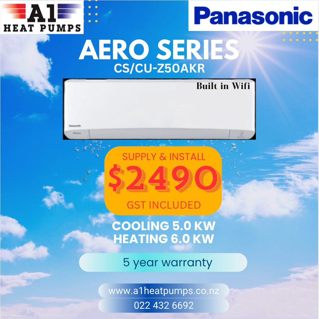 Advertisement for Panasonic Aero Series heat pump. Includes price, warranty, and contact info.