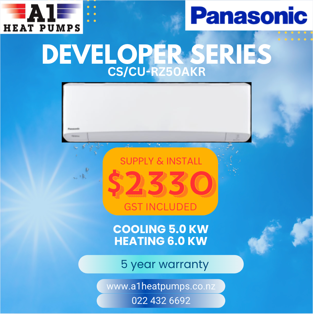 Advertisement for a Panasonic heat pump. Includes price, specs, and contact information, set against a blue sky background.