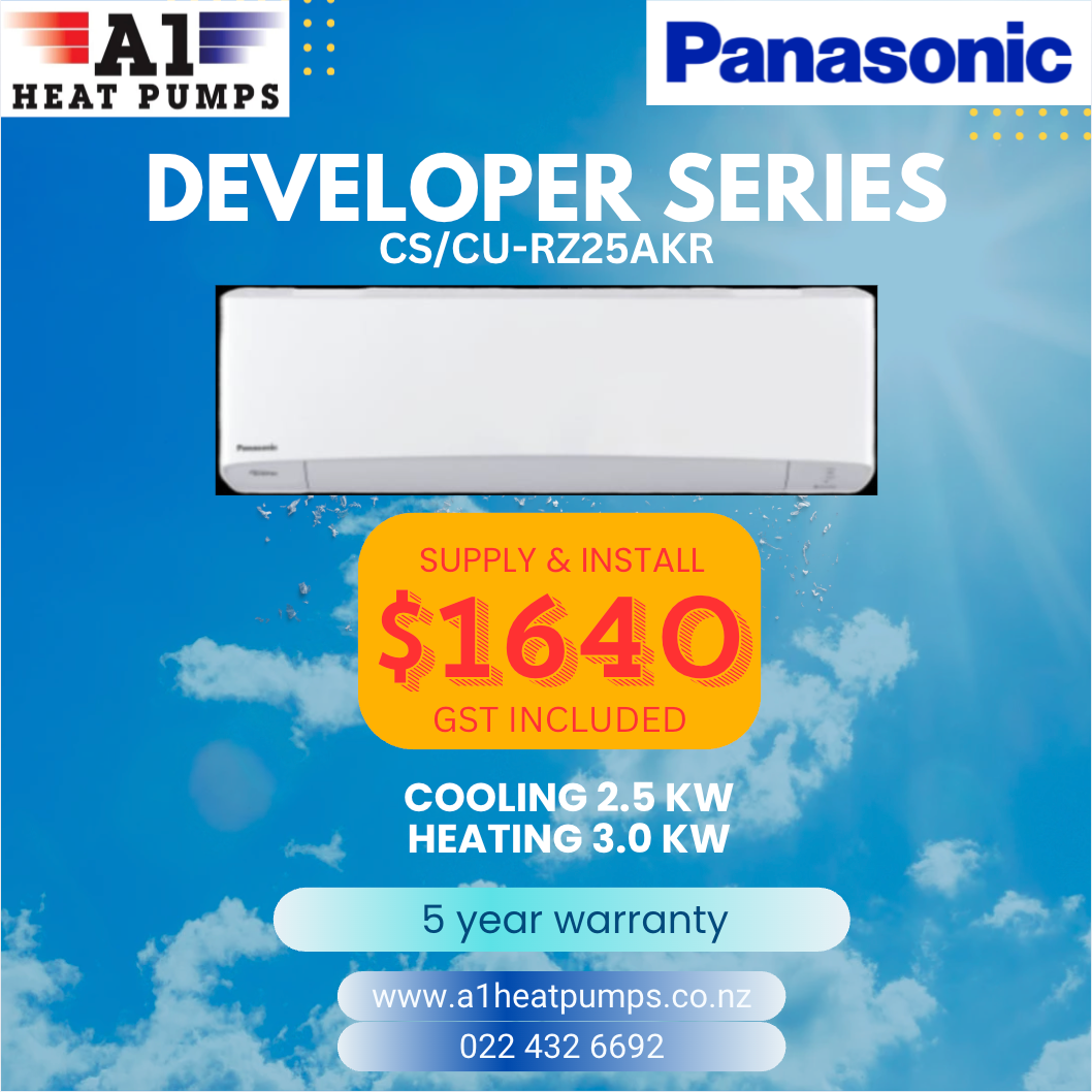 Panasonic heat pump advertisement. Includes supply and install price of $1640. Cooling 2.5KW, Heating 3.0KW with 5-year warranty.