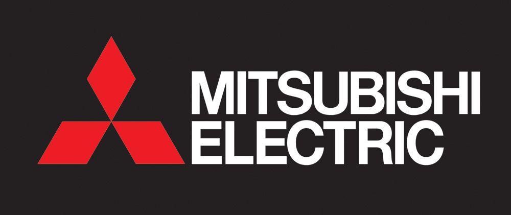 Mitsubishi Electric logo: Red diamonds with white text on a black background.