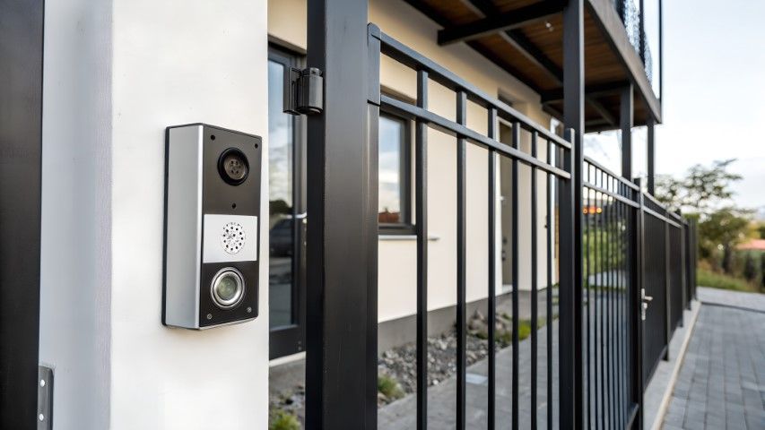 Doorbell unit on a white wall, black metal fence, and modern building exterior.